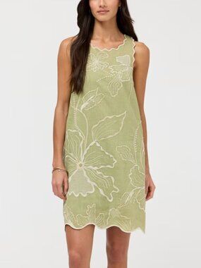 Johnny Was Olive Green Sleeveless Midi Dress with White Floral Embroidery